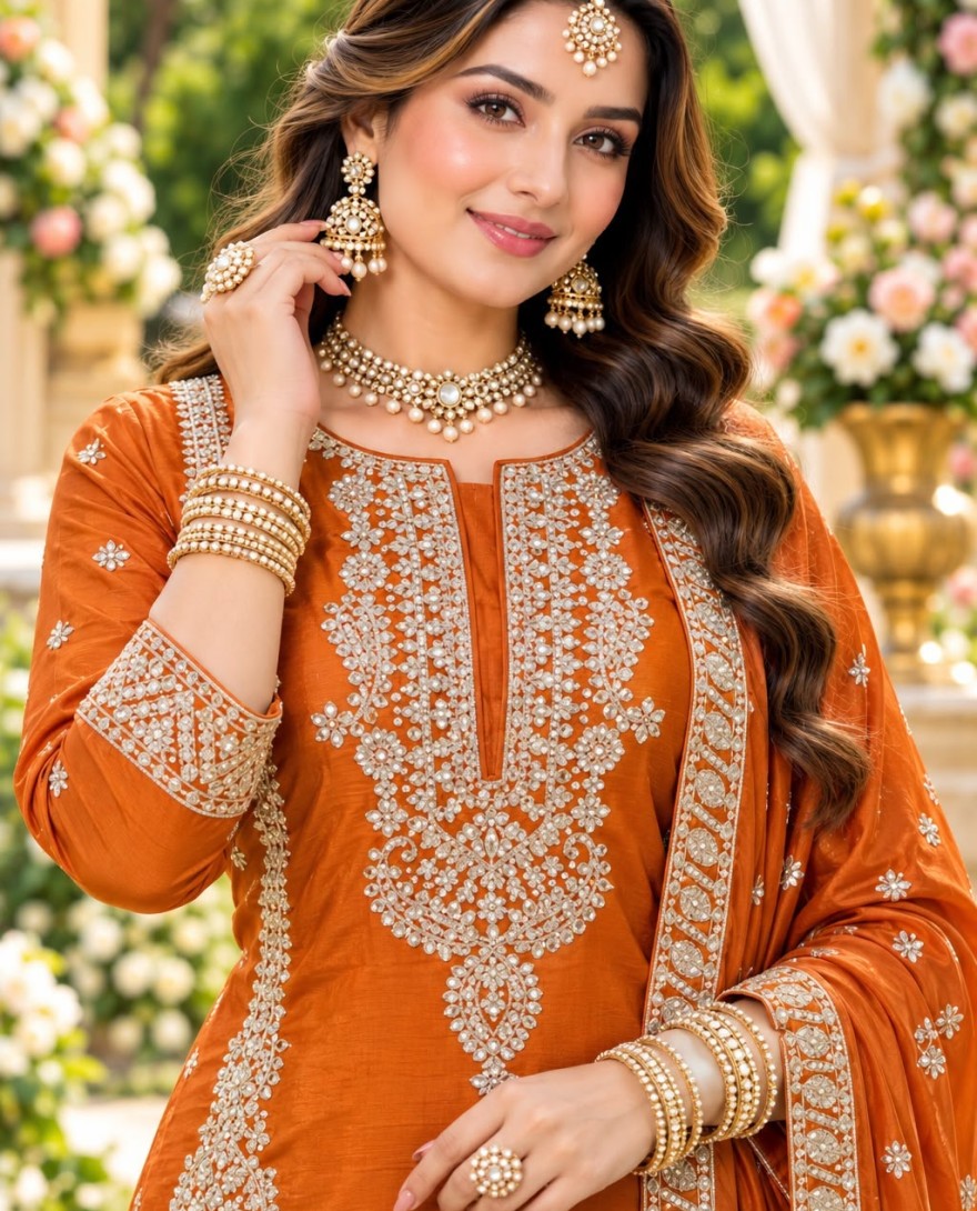 2205 - Orange Chinon Readymade Salwar Suit with Embroidered Work